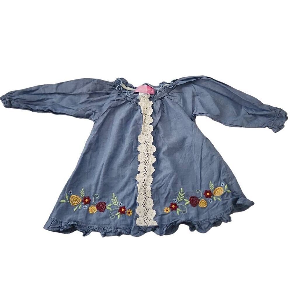 Goodlad Girls Size 2T Blue White Floral Embroidered Crochet Long Sleeve Dress